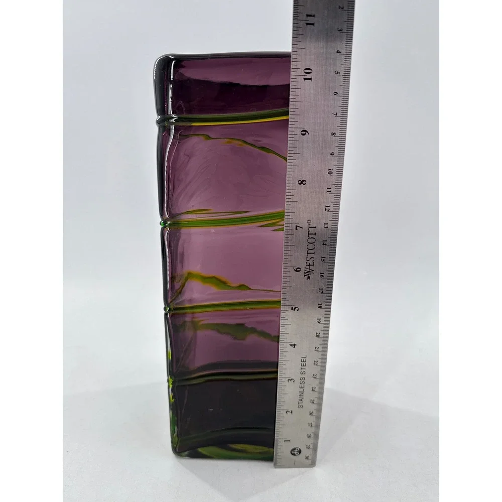 Unsigned Art Glass Vase Unisex OS Purple Green Spiral Ribbed Rectangular Tall